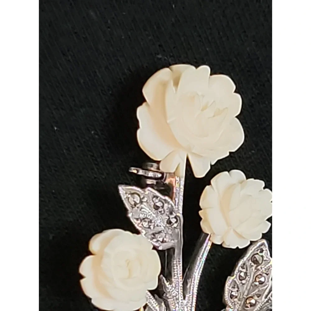 Vintage Sterling Germany Marcasite Carved Bovine Rose Flower Brooch Pin 2 1/2